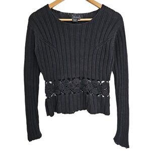 Retro Paw Cousin Johnny Black Floral Open Knit Ribbed Cotton Ramie Sweater‎